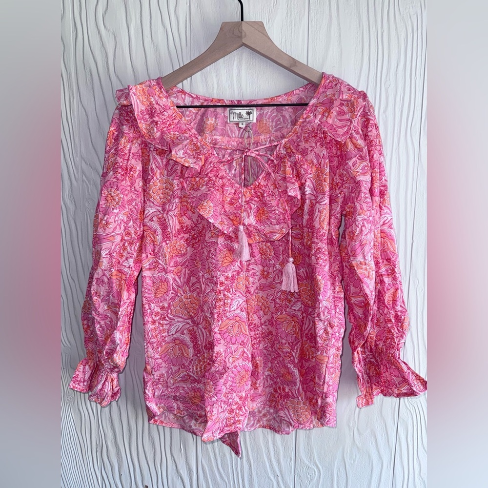 New Mille Resort & Travel May Ruffle Floral Cotton Blouse - Pink Carnation $168 - Picture 2 of 5